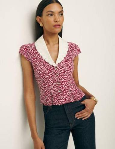 Reformation NWOT  Palermo Top in Roja Red White Floral Collar Peplum Hem Size 2