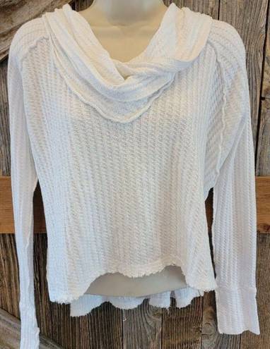 We The Free People Long Sleeve Waffle White Cowl Neck Top over sized XS crop front