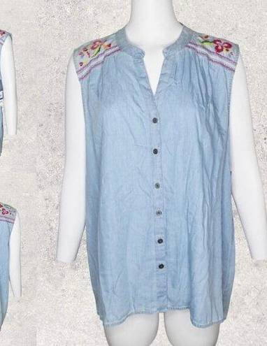 Style & Co  Macys Chambray Floral Embroidered Detail Sleeveless Button Up Top XL