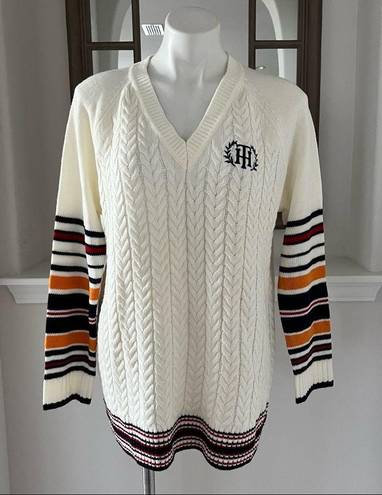 Tommy Hilfiger  Sweater Ivory V-Neck Varsity Cable Knit Pullover Size L MSRP $79