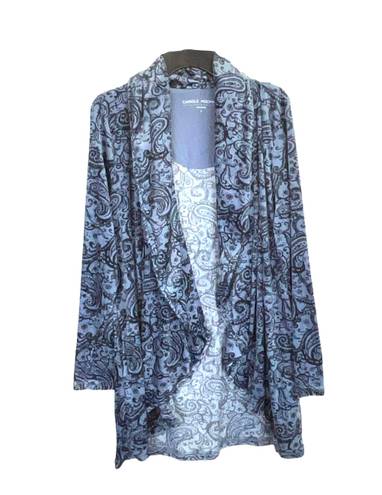 Carole Hochman Grayish Blue w Black Paisleys/Flowers Soft Stretchy Cardigan Women Large