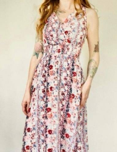 Jessica Simpson Floral Blue Pink Maxi Dress Asymmetric Hem Ruched Waist Sleeveless