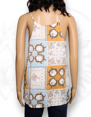 Joie  Patchwork Handkerchief Patterned Satin Tank Top Floral White Yellow Blue XS