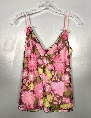 Lilly Pulitzer Vintage Brown Pink Floral Silk Ruffle Bow Y2K Preppy Tank Top 4