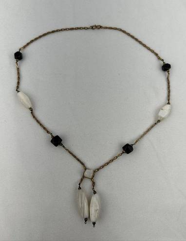 Onyx Vintage Semi Precious White Agate  Beaded Brass Chain Lariat Necklace