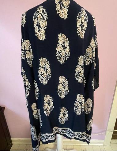 Boho Floral Navy Kimono Longline Open Front Poncho Shawl Medium