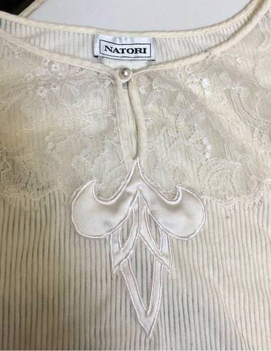 Natori Vintage 80s 90s  Sheer Lace Top Button Scoop Neck Cream Ivory White Small