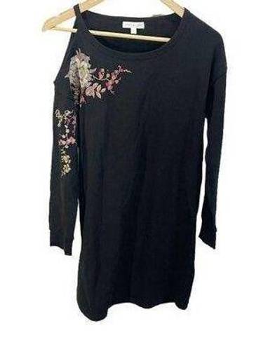 Socialite  Womens Sweater Dress Black Floral Embroidered Long Sleeve Stretch S