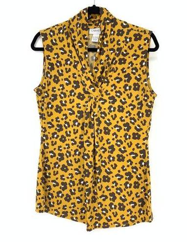 Carmen Marc Valvo Carmen Top Women's Size Large Yellow Floral Leopard Print Tank Blouse Knot Front