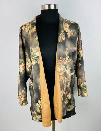 Solitaire  Faux Suede Gray Brown Floral Print Open Front Cardigan Women's Large L