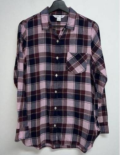 Old Navy  The Tunic Flannel  Shirt Womens Size M Pink Maroon Navy Blue Plaid L/S