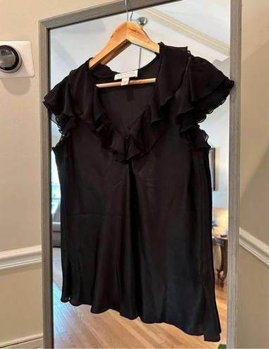 Oscar de la Renta  V Neck Ruffle Sateen Blouse Size Medium