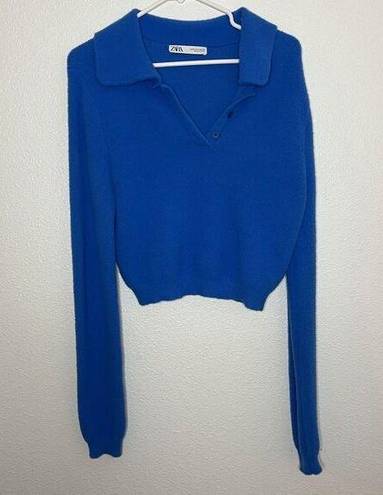 ZARA  Fuzzy Sweater Size Medium Colbalt Blue Long Sleeve Cropped Henley