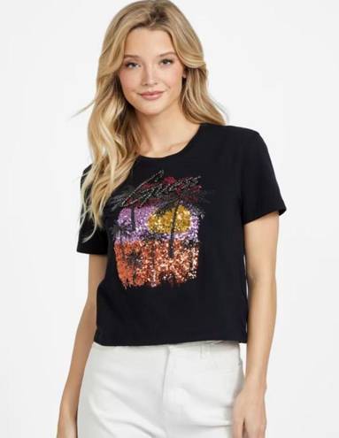 Guess  sunly crop tee with sequin palm trees in black orange and pink sz large