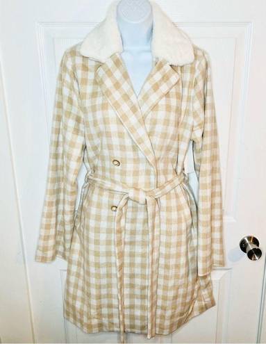 Aura  It's A Look Beige Plaid Coat Tie Double Breast Pearl Button M J NWT