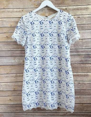 Sans Souci  Blue White Floral Lace Short Sleeve Mini Dress Size Small