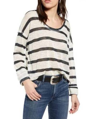 Treasure & Bond  | Lightweight Raw Hem Cream & Black Striped Pullover Sweater M