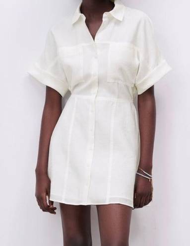 ZARA White Linen Button Down Collared Dress