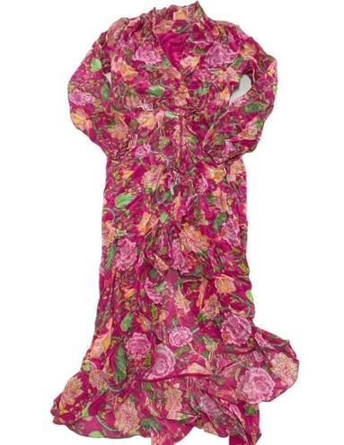 Rococo  Sand Dress Womens Small Pink Chloe Wrap Floral Motif Ruffle Long