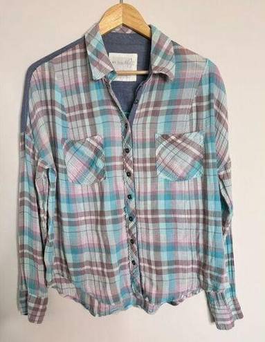 We The Free  Womens Button Up Shirt Blue Plaid Long Sleeve Collar Stretch SP