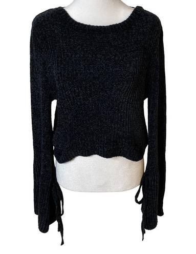 Lovers + Friends  Sweater Cropped Chenille Tie Bell Sleeve Scoop Neck Black Small