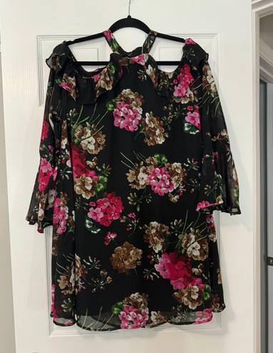 Umgee Black Pink Floral Cold Shoulder Dress