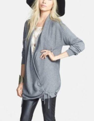 Leith  Side Tie Wrap Sweater Gray Long Sleeve Rayon Cotton WOOL Blend Surplice SM