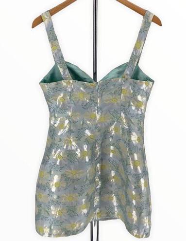 Lulus Lulu’s Blooming Love Light Blue Yellow Floral Jacquard Mini Dress size Medium