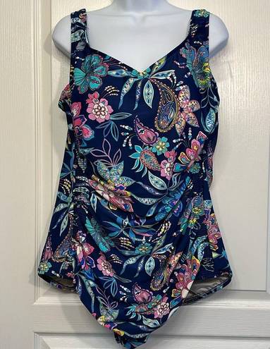 Maxine of Hollywood Women's Plus Size  Shirred Swimsuit Navy Blue Floral Size 18