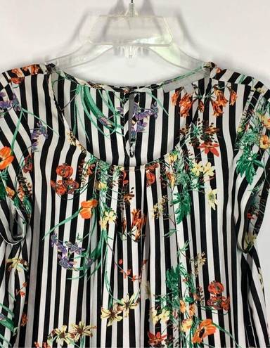 Sweet Rain  Women's Floral Striped Keyhole Back Pleated Blouse Multicolor Small