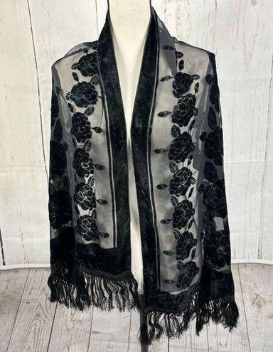 Gothic Black Sheer Velour Velvet Floral Fringe Scarf