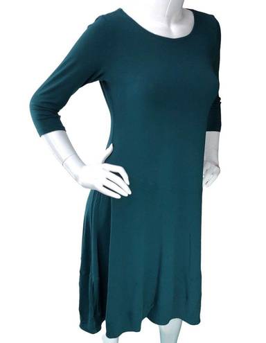 Eileen Fisher  Size XS Fit and Flare Dress Teal Jersey Knit Stretch 3/4 Sleeve