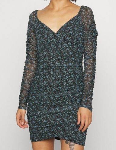 Hollister  long sleeve mesh bodycon mini dress in black ditsy floral