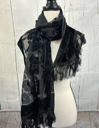 Gothic Black Sheer Velour Velvet Floral Fringe Scarf