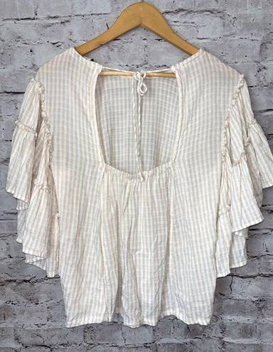 Pilcro  Anthropologie Sybil Tan Striped Blouse Ruffle Sleeve Cutout Back Size XS