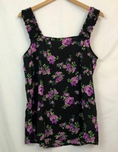 Pleione NEW  ANTHROPOLOGIE Square Neck Smocked Tank Black Purple Green Floral Top