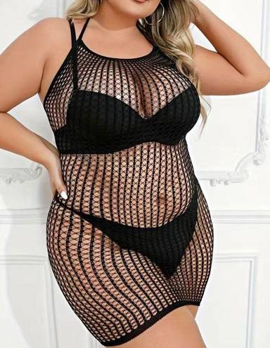 One Piece Black Plus Size Sexy Lingerie Dress, Women's Plus Geometric‎ Patterned 