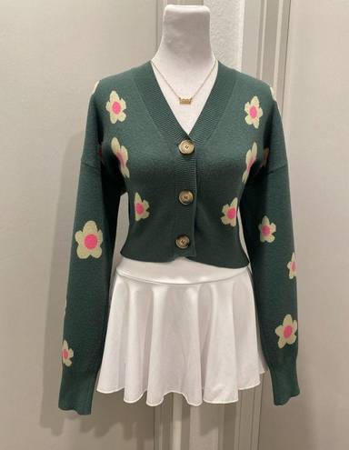 Daisy Bailey Rose Green Pink & Pale Yellow  Floral Cropped Cardigan Sweater - S