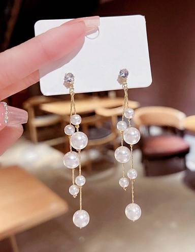 Elegant White Pearl Long Dangle Drop Earrings for Women Gold