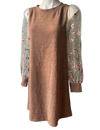 Renee C . Brown Metallic Dress with Sheer Mesh Embroidered Long Sleeves; Sz M