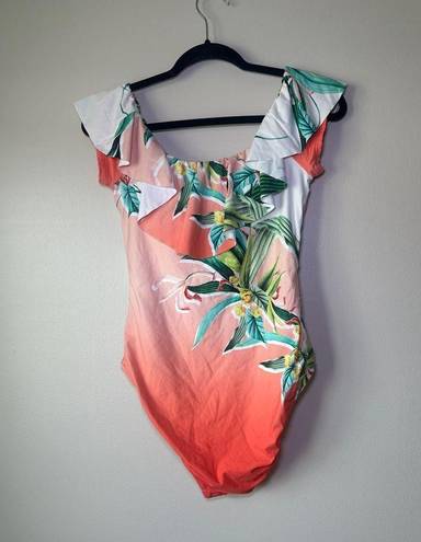 Trina Turk  Costa De Prata Tropical Floral Ruffled One Piece Swimsuit Size 12