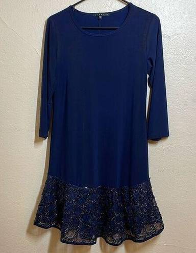 Tiana B  Navy Lace/Sequin Flounce Hem Stretch Jersey Drop Waist A-line Dress Navy