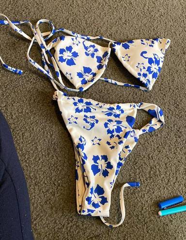 Yellow And Blue Floral Drawstring Bikini Set Size Small