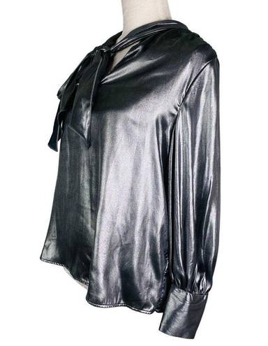 Who What Wear  Tie Neck Blouse M Gunmetal Silver Futuristic New