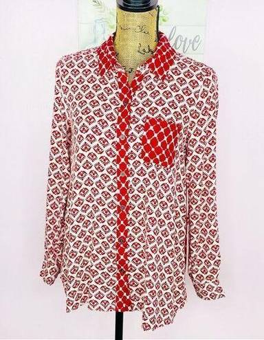 Style & Co . Dual Geometric Print Button Front Shirt Red Cream Petite Small