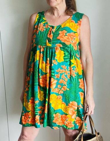 American Vintage 90s Hawaiian Tropical Print Sun Dress  Green Peach Medium Mini coverup Poolside