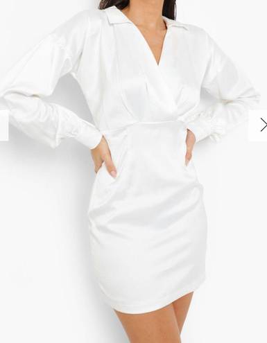 Boohoo White CollarEd Long-Sleeve Dress