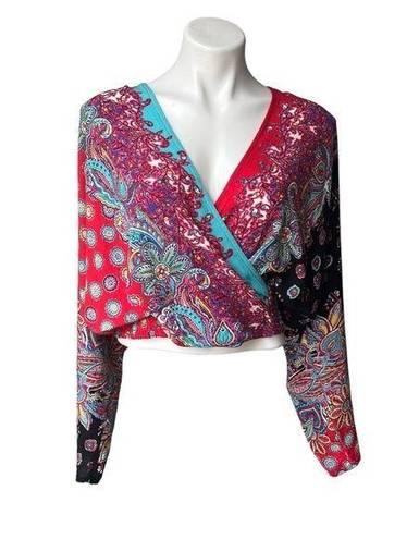 Carole Little  Paisley Boho Blouson Faux Wrap Dolman Sleeve Top, Sz 16