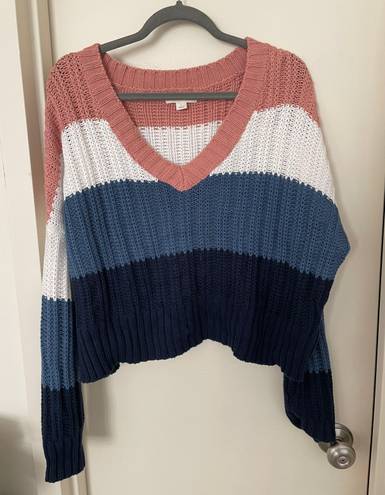 Aeropostale Block Striped V Neck Cropped Sweater