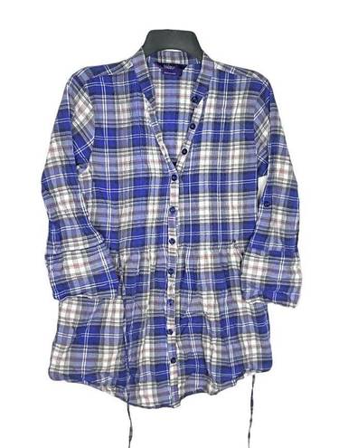 Miley Cyrus Blue, Black, Red, White Plaid Button Adj Sleeve Shirt w Tie In Back Women L